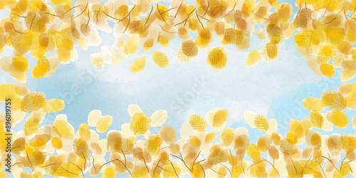 Watercolor illustration of yellow beech leaves against blue sky in autumn