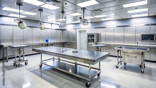 Sterile autopsy room with stainless steel tables and medical equipment, autopsy, room, sterile