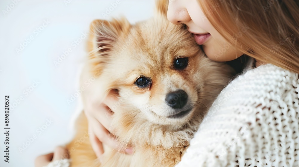 A Person Tenderly Embracing Adorable Fluffy Dog in Soft Focus Minimalist Portrait A Person Tenderly Embracing Adorable Fluffy Dog in Soft Focus Minimalist Portrait