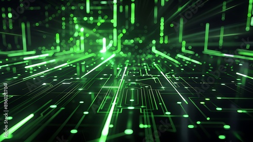 A high-tech design with neon green and black lines, reminiscent of a digital matrix