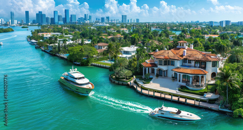 A stunning aerial view of the beautiful Beach and its luxurious mansions. It is located on an island in front of a waterway, with some boats passing. The ocean around has a vibrant turquoise col photo