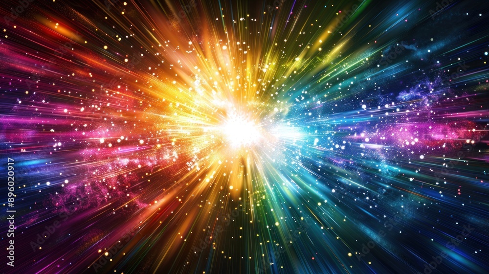 A dazzling burst of rainbow-hued lights emanating from a core on a black backdrop A dazzling burst of rainbow-hued lights emanating from a core on a black backdrop