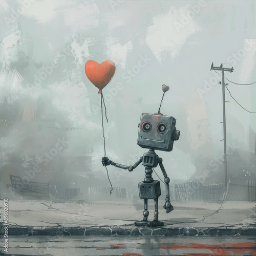 A Robot's Lonely Walk with a Heart Balloon