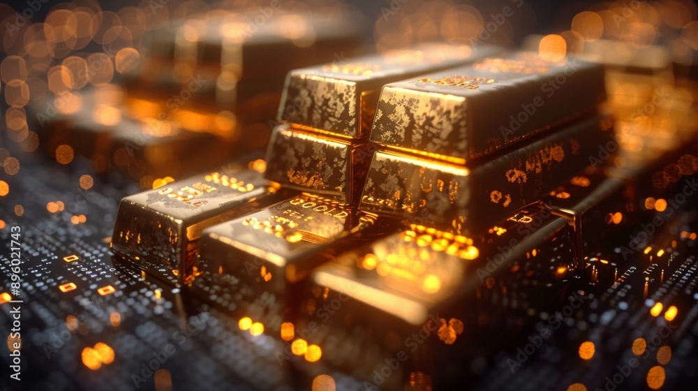 Stacked Gold Bars with Binary Code Overlay Representing Digital Gold Reserve Stacked Gold Bars with Binary Code Overlay Representing Digital Gold Reserve