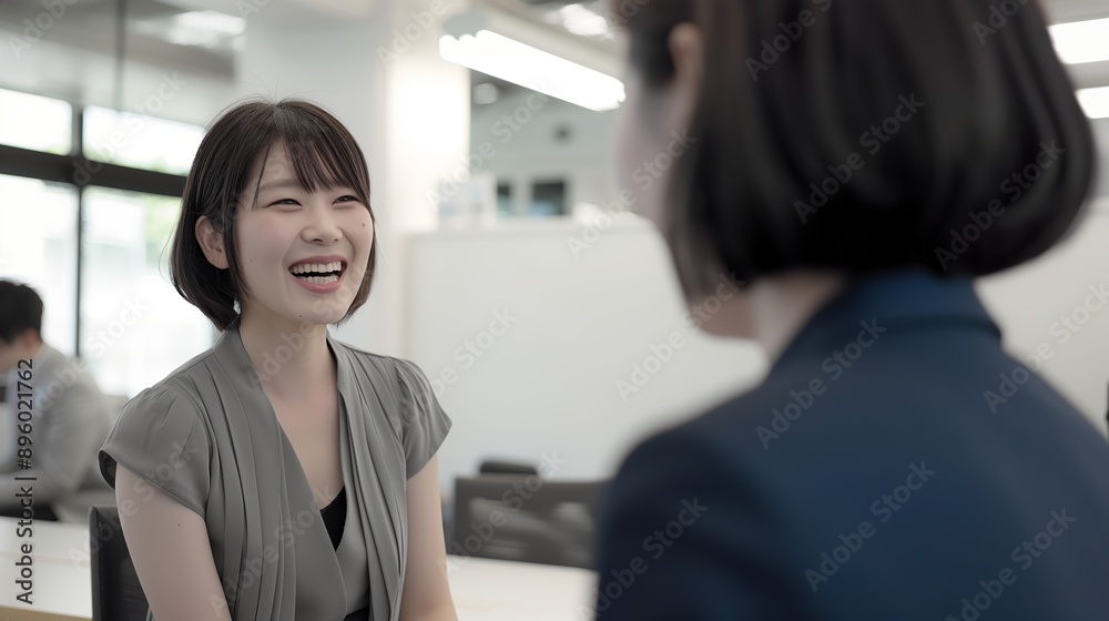 Smiling Asian woman sitting in front of directors in a corporate meeting or job interview. Consulting, financial counselor. Smiling Asian woman sitting in front of directors in a corporate meeting or job interview. Consulting, financial counselor.