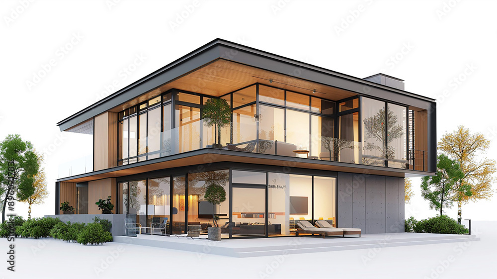 Fototapeta premium Modern house design, 3D rendering on white background, minimal style,