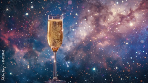 A dreamy surreal image of a champagne flute floating amidst a starry night sky, with fireworks exploding in the background.