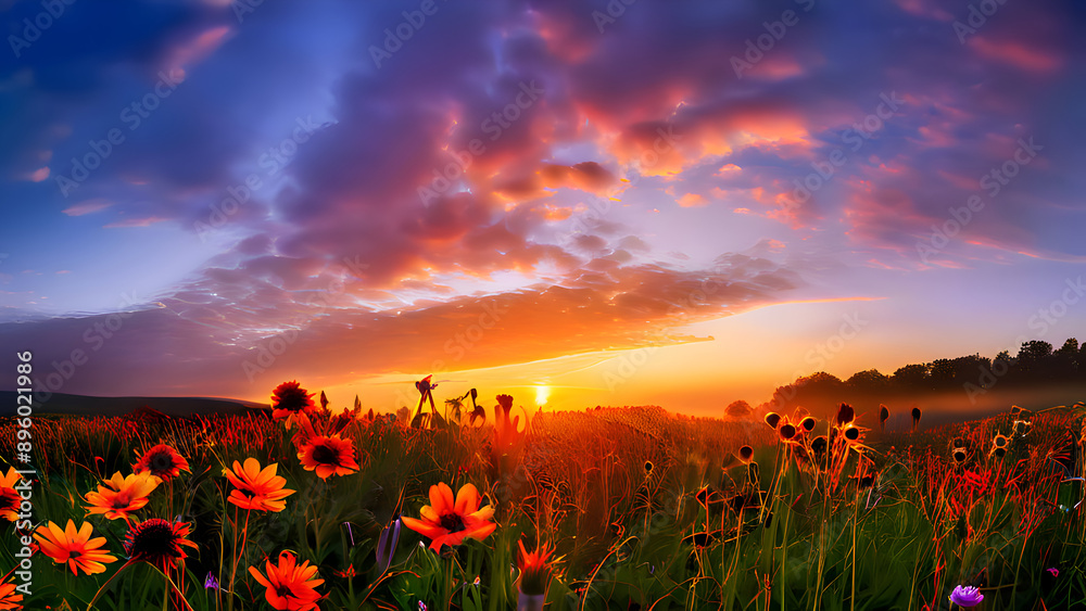 Fototapeta premium an-early-morning-sunrise-over-a-field-of-wildflowers-with-the-sky-ablaze-in-warm-colors 