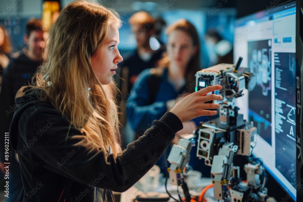 Innovative Female Engineer Showcasing Robotic Project at Prestigious Engineering Fair Innovative Female Engineer Showcasing Robotic Project at Prestigious Engineering Fair