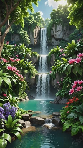 Vertical waterfall cascading in lush tropical forest surrounded by colorful flowers and vibrant greenery. Nature landscape concept. Seamless looping time-lapse virtual video background