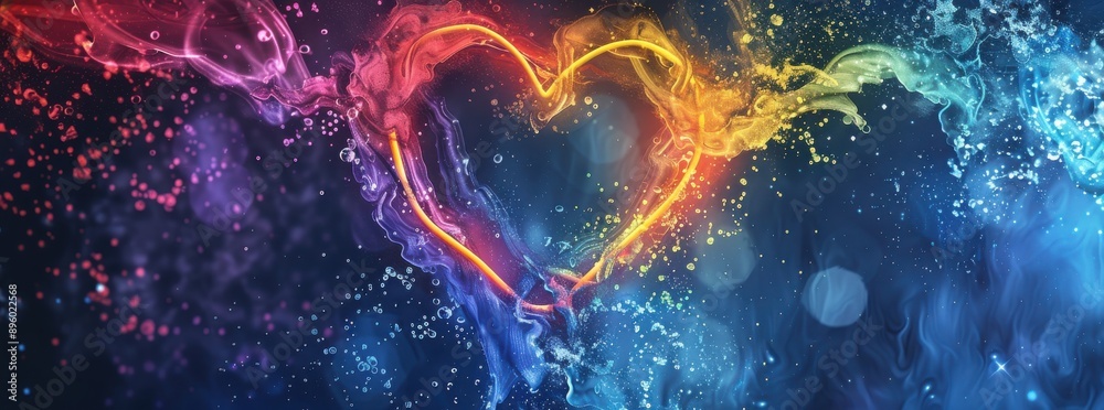 Colorful neon lights and splashes of paint on a dark background with a heart shape and rainbow colors. Colorful neon lights and splashes of paint on a dark background with a heart shape and rainbow colors.