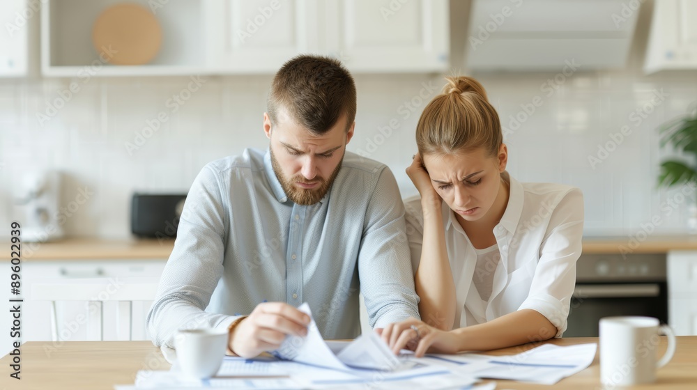 A couple sits at a table reviewing bills, looking stressed and worried about their finances in a bright kitchen. A couple sits at a table reviewing bills, looking stressed and worried about their finances in a bright kitchen.