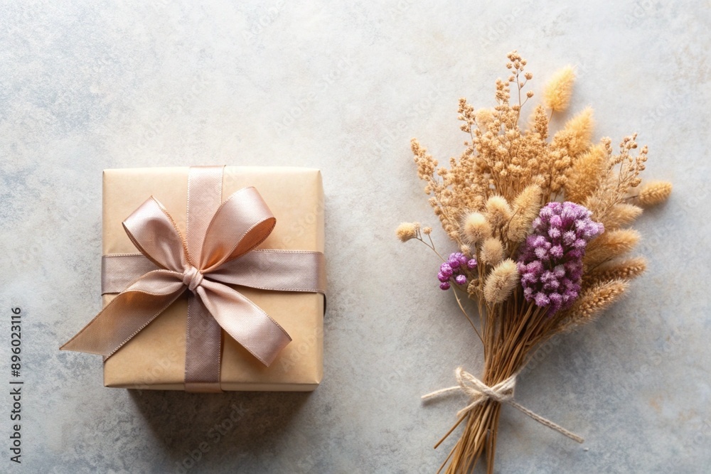 Flat lay greeting card mockup with a gift box and dried flowers Flat lay greeting card mockup with a gift box and dried flowers