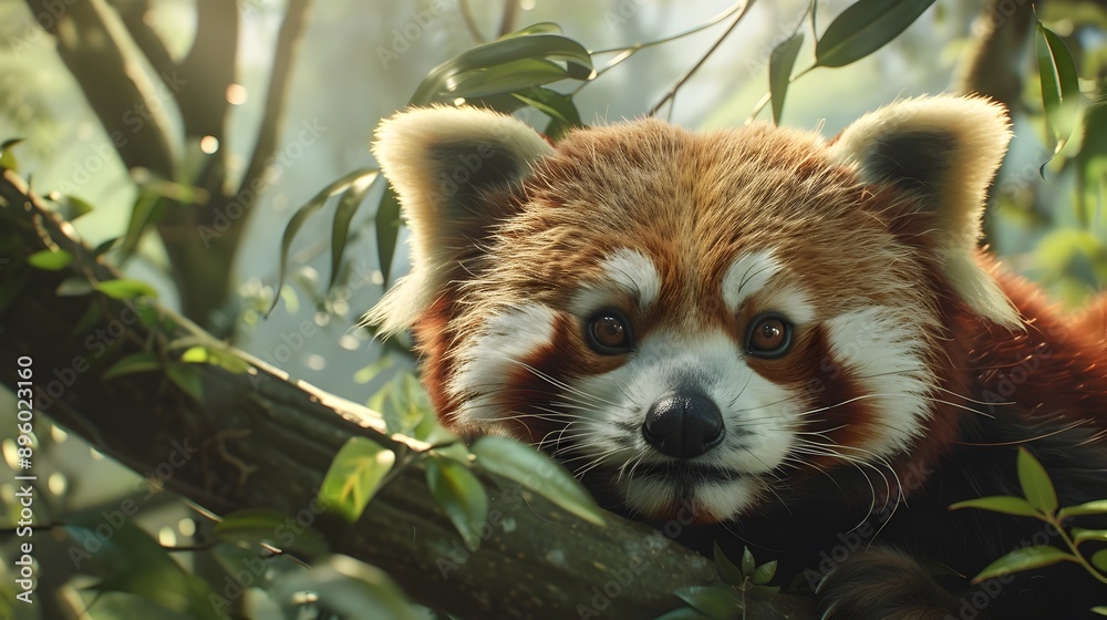 Curious Fluffy Red Panda Exploring Lush Forest Canopy with Whimsical Fairytale Aesthetic Curious Fluffy Red Panda Exploring Lush Forest Canopy with Whimsical Fairytale Aesthetic
