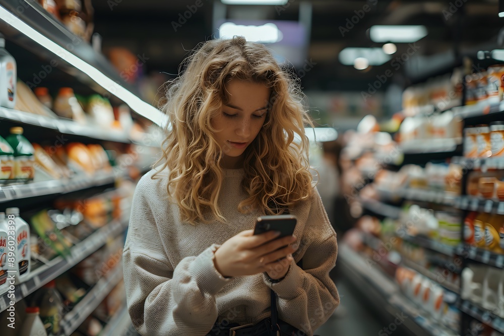 Young Woman Shopping in Grocery Store While Using Her Phone