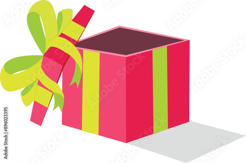 Blank Red gift box with yellow Ribbon. Open present box with yellow bow.  Birthday party, give away package, reward, Christmas, event celebration. Flat Vector icon illustration isolated.