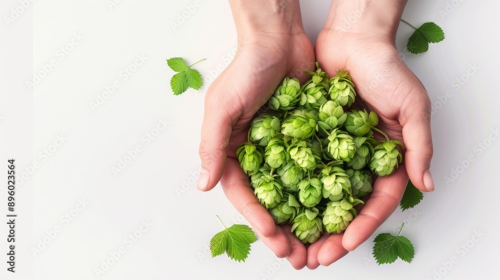Farmer is holding a handful of freshly harvested hops in their open hands, ready for processing and brewing Farmer is holding a handful of freshly harvested hops in their open hands, ready for processing and brewing
