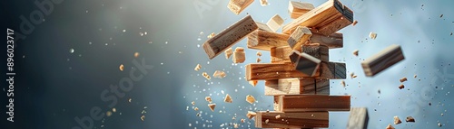 Tumbling Jenga Tower, A Jenga tower collapsing, capturing the precarious balance and risks in business photo