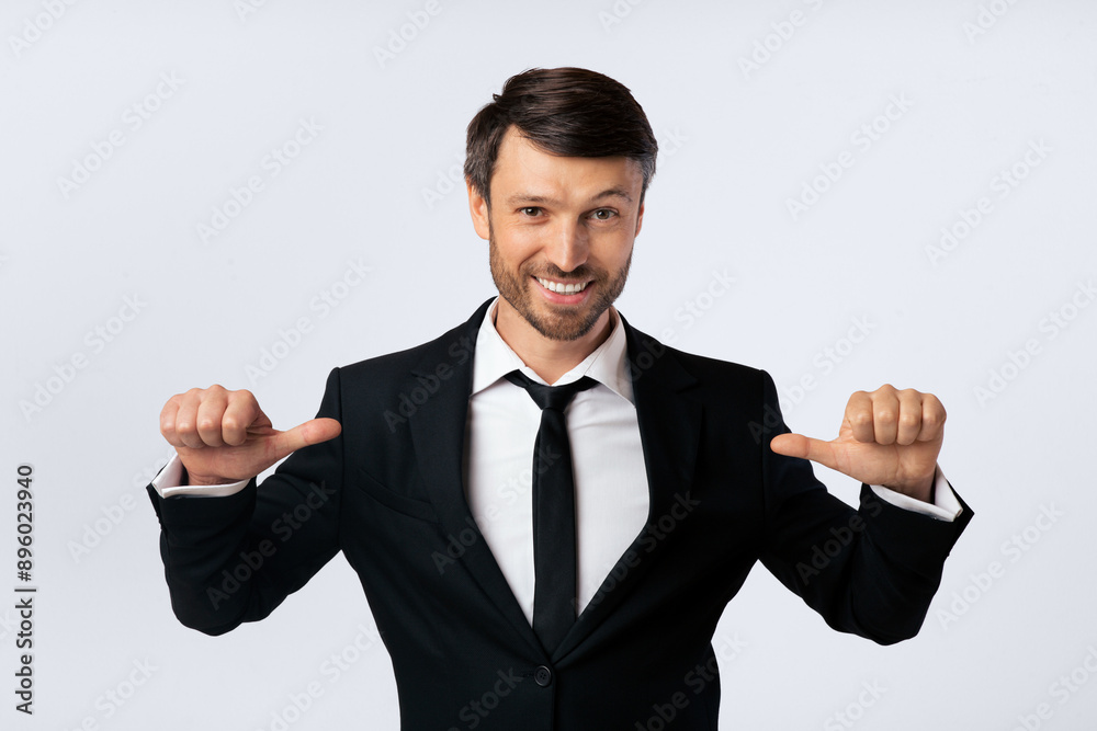 Confidence. Businessman Pointing Thumbs At Himself Over White Background In Studio. Isolated Confidence. Businessman Pointing Thumbs At Himself Over White Background In Studio. Isolated