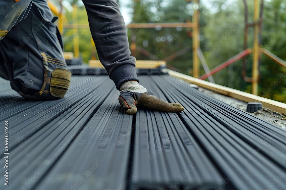 Skilled Worker Installing Black Flooring Panels on a Construction Site Skilled Worker Installing Black Flooring Panels on a Construction Site