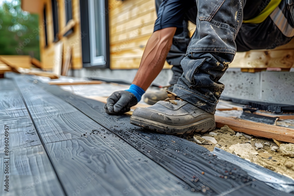 Skilled Worker Installing Decking Boards on a New Construction Project Skilled Worker Installing Decking Boards on a New Construction Project
