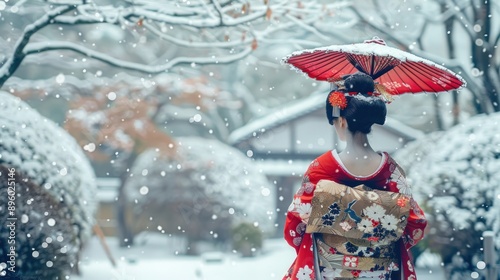 A majestic geisha walking through a snow-covered garden, her kimono adorned with intricate winter floral patterns.