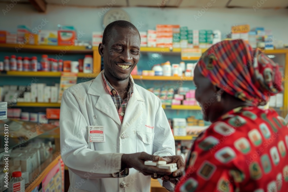 Friendly Pharmacist Dispensing Antiretroviral Medication to a Patient in a Local Pharmacy Friendly Pharmacist Dispensing Antiretroviral Medication to a Patient in a Local Pharmacy