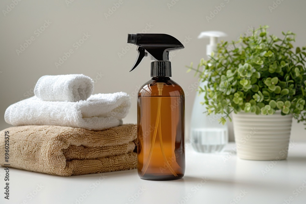 Bottle of cleaner next to a stack of towels, cleaning service Bottle of cleaner next to a stack of towels, cleaning service