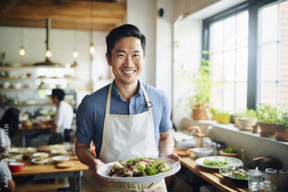 Young chef is holding a plate of salad smiling at the camera in a restaurant kitchen Young chef is holding a plate of salad smiling at the camera in a restaurant kitchen