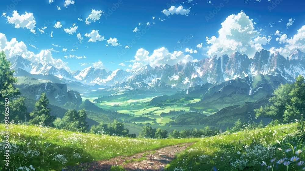 Obraz premium Stunning summer anime landscape with rolling hills, majestic mountains, and a clear, blue sky dotted with clouds