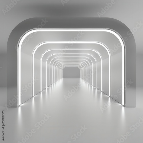 A modern, illuminated corridor featuring sleek archways, perfect for futuristic or minimalist design concepts.