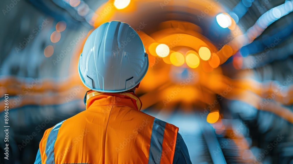 A construction worker in a helmet and safety vest, observing a bright tunnel with orange lights, embodying diligence and safety. A construction worker in a helmet and safety vest, observing a bright tunnel with orange lights, embodying diligence and safety.