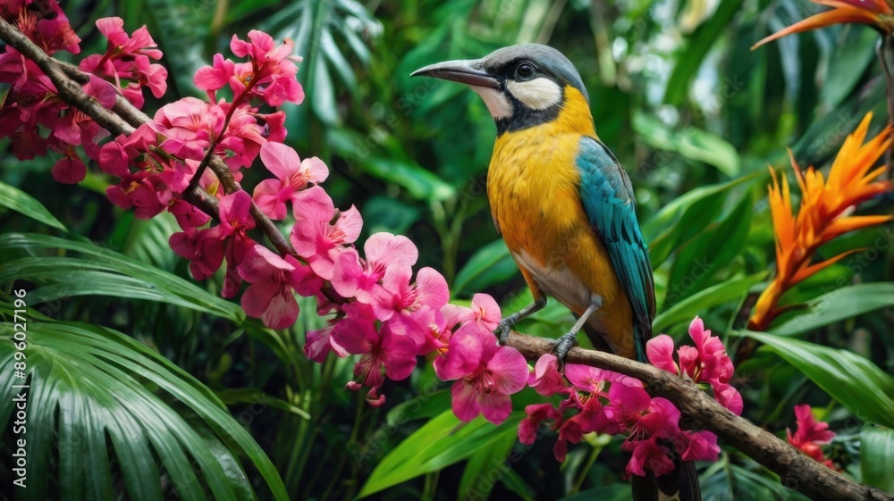 Obraz premium A colorful tropical bird perched on a branch adorned with vibrant pink blossoms, set against a lush green background, capturing the exotic beauty of nature.