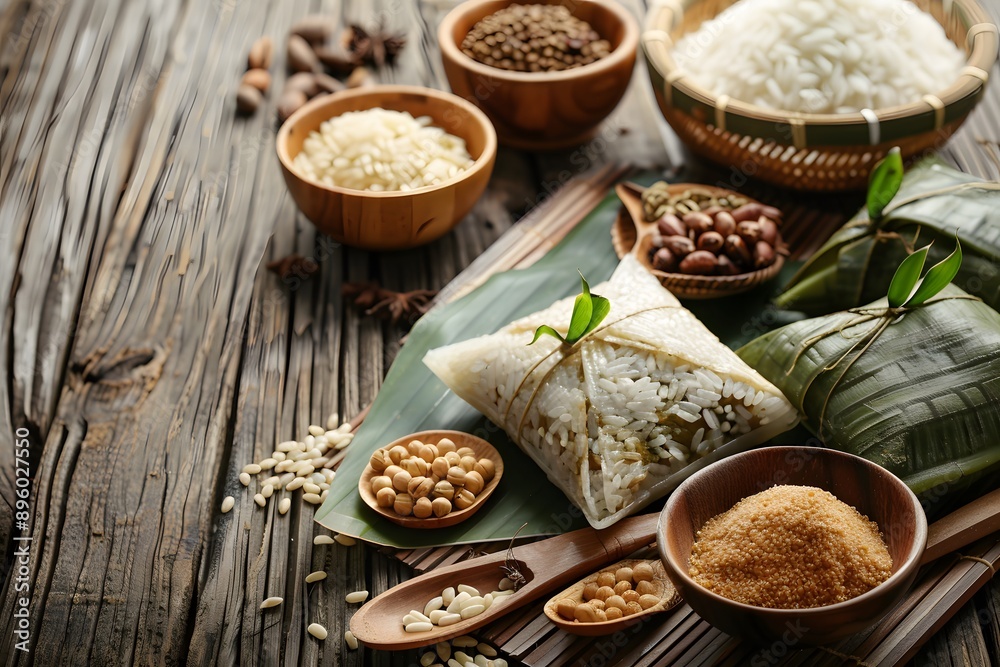 Fototapeta premium A Rustic Display of Rice Varieties and Ingredients for Traditional Dishes