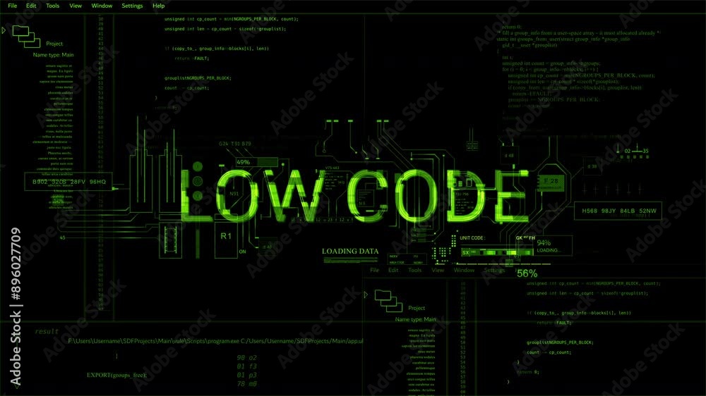 Low Code programming HUD Idea word text title style of computer scifi Data Information internet 2D graphic animation. Yellow Low Code programming HUD Idea word text title style of computer scifi Data Information internet 2D graphic animation. Yellow