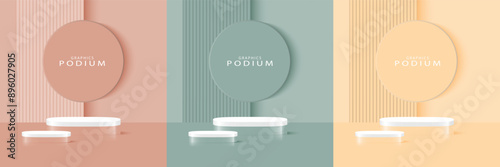 Set of beige matte 3D background podiums.pedestal showcase mockup stage. 3d vector podium for product presentation.advertising display stand