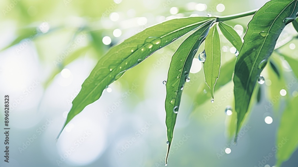 Obraz premium The bamboo leaves and dewdrops shimmer 