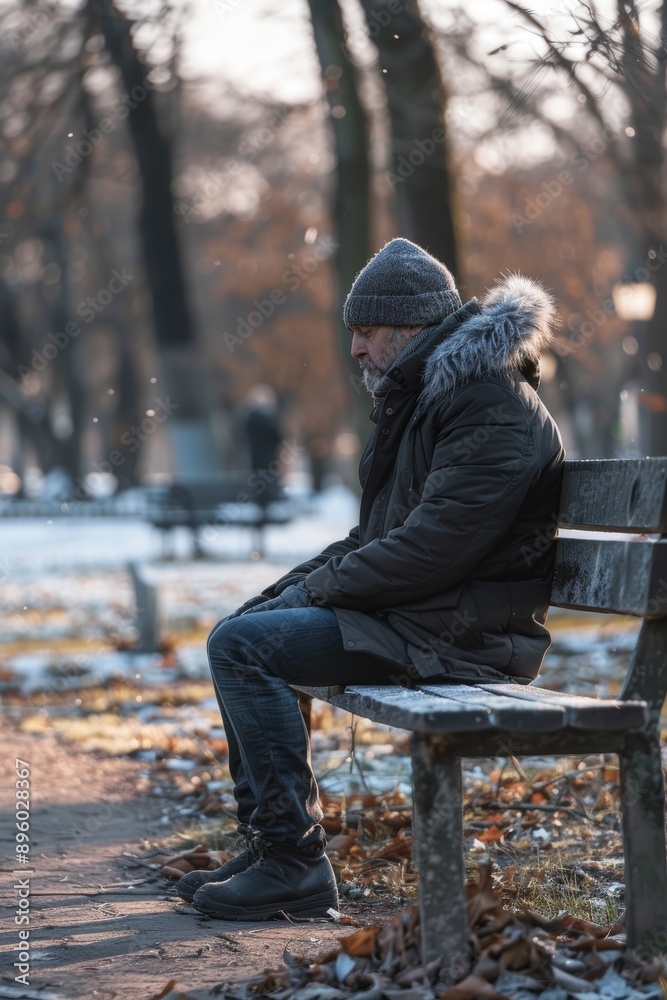 Reflective Man Sitting on Park Bench in Winter Setting - Contemplation, Solitude, Seasonal Outdoors Reflective Man Sitting on Park Bench in Winter Setting - Contemplation, Solitude, Seasonal Outdoors