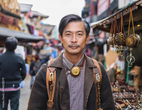 Japanese Man in Outdoors Market Wearing Cosplay Costume in Steampunk Fashion Style photo