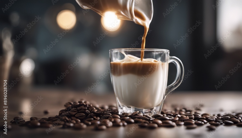 Milk pouring into glass with coffee Milk pouring into glass with coffee