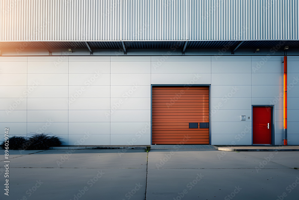 Exterior of a modern warehouse with a small office unit Exterior of a modern warehouse with a small office unit