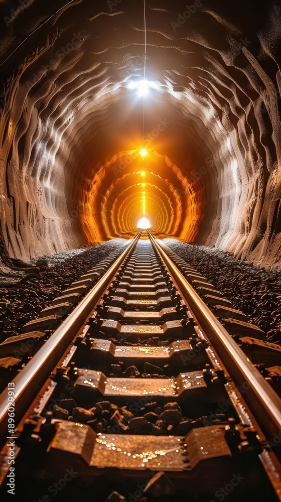 A captivating view of a railway tunnel, showcasing tracks leading into a glowing light, symbolizing adventure and journey. A captivating view of a railway tunnel, showcasing tracks leading into a glowing light, symbolizing adventure and journey.