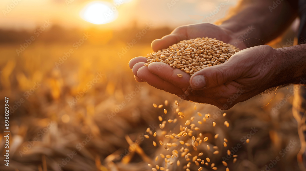 Close-up of farmer's hands holding freshly harvested grains