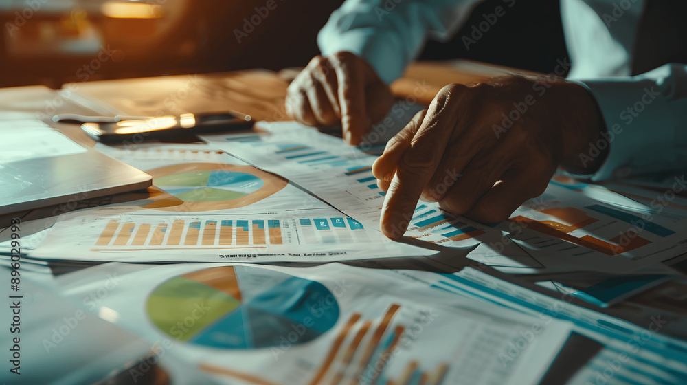Obraz premium Close-up of financial advisor's hands pointing to pie chart