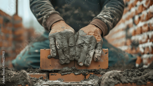 Close-up of builder's hands laying bricks with mortar © Matthias