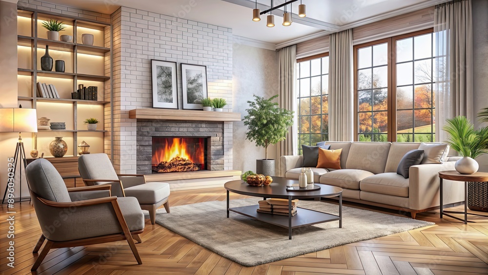 Cozy and inviting living room interior with a fireplace and comfortable seating, home, interior design, decor, furniture, couch Cozy and inviting living room interior with a fireplace and comfortable seating, home, interior design, decor, furniture, couch