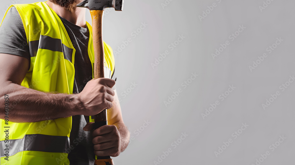 Construction worker holding hammer with blank background Construction worker holding hammer with blank background
