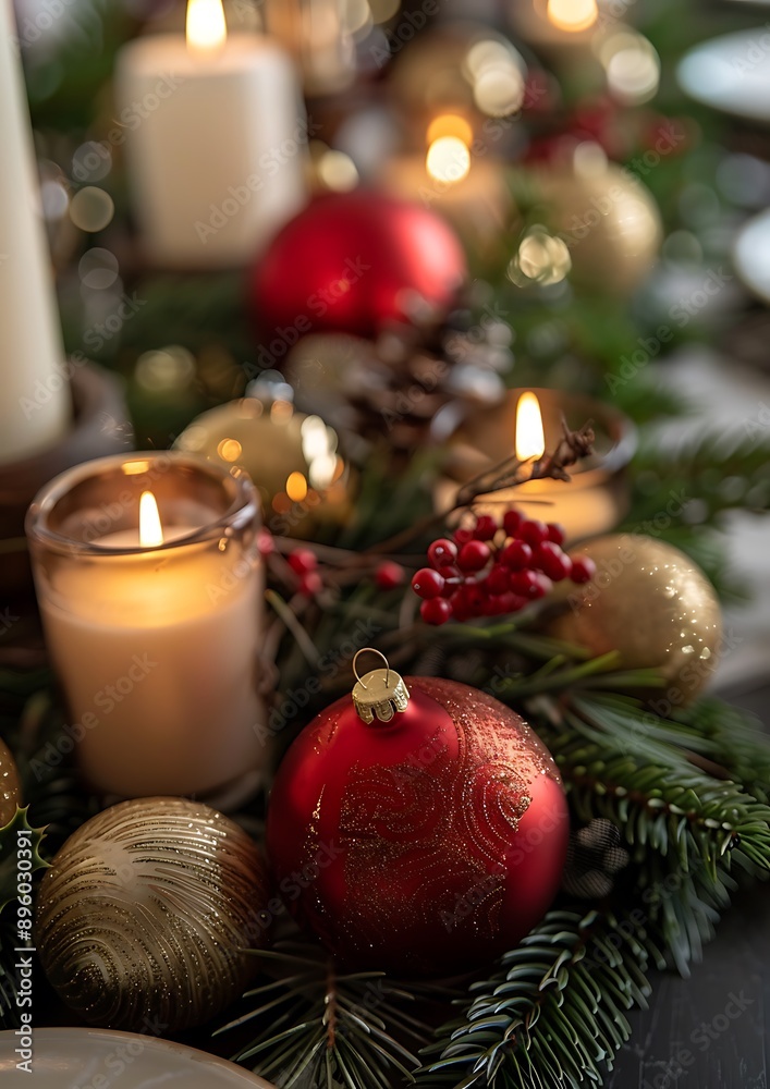 A close-up of a festive holiday centerpiece featuring red and gold ornaments pine branches and candles set on a beautifully decorated dining table A close-up of a festive holiday centerpiece featuring red and gold ornaments pine branches and candles set on a beautifully decorated dining table