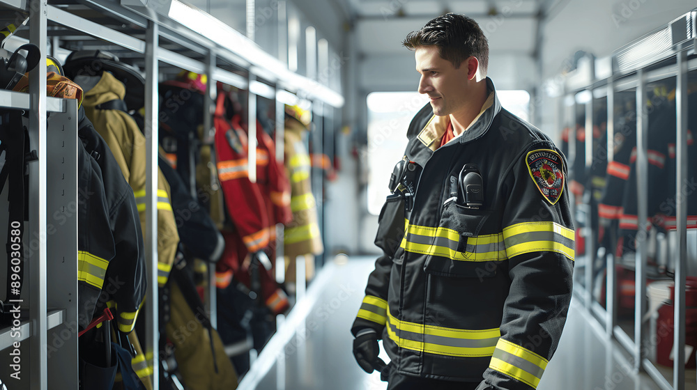 Firefighter preparing equipment in bright fire station Firefighter preparing equipment in bright fire station