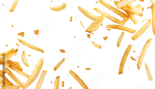 Pile of golden fried potato sticks falling in air